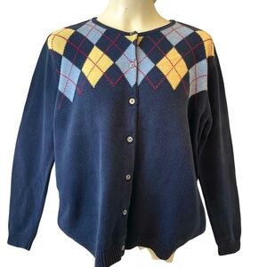Liz Claiborne Vintage Cotton Argyle Cardigan Sweater Blue Yellow Large